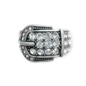 Premier Designs Ring Sz 7 Buckle Up Silver Plated CZ AB Crystal Statement